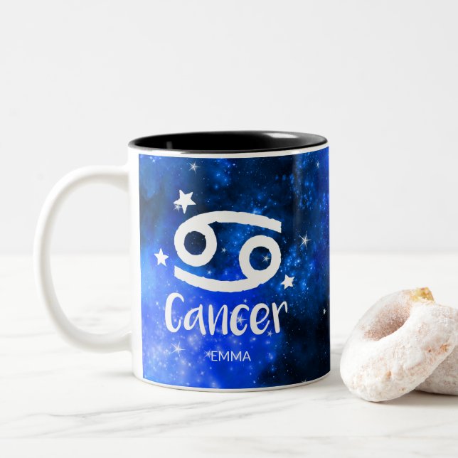 Monogram, Zodiac Cancer sign, Blue Galaxy Two-Tone Coffee Mug (With Donut)