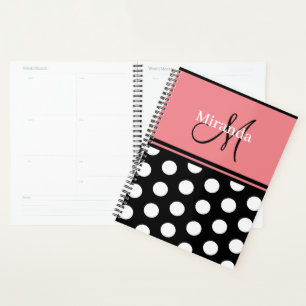MonogramBlack Pink White Polka Dots  Script Planner
