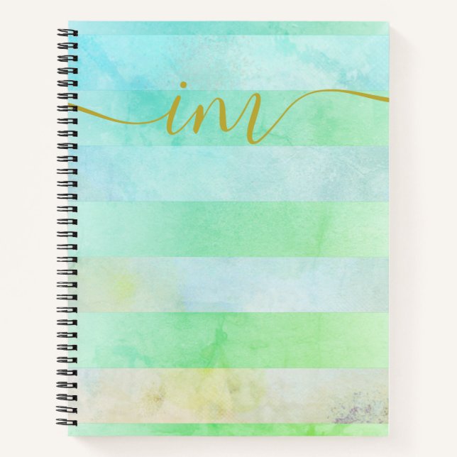 Monogramed Abstract Turquois Stripes in Watercolor Notebook (Front)