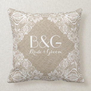 Monogramed Beige Linen And White Lace Frame 1a Cushion
