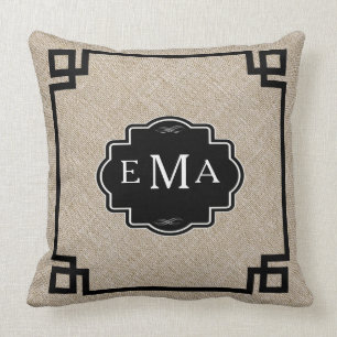 Monogramed Beige Linen With Black Frame Cushion