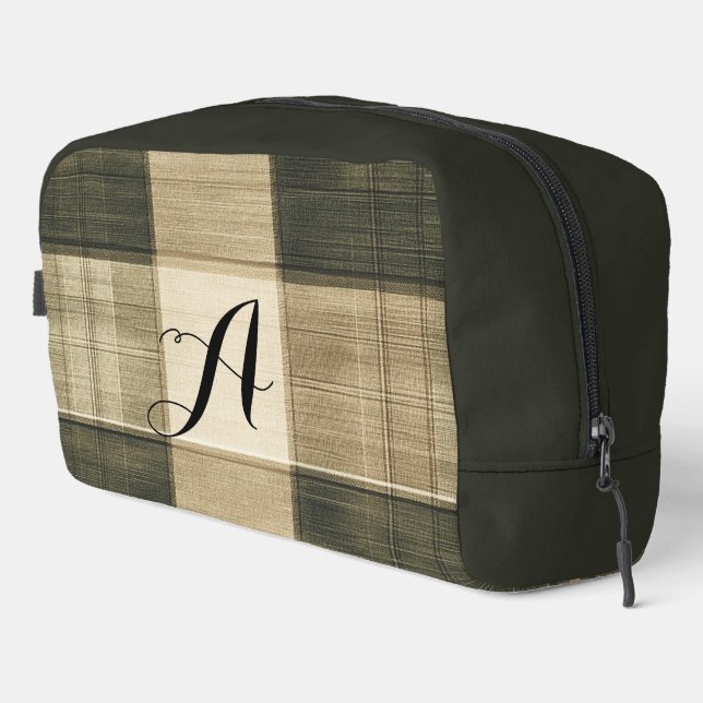 Monogramed Black And Brown Plaid Dopp Kit (Right Corner)
