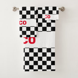 Monogramed Black and White Chequered Flag 2 Bath Towel Set