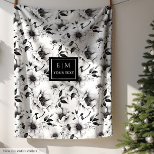 Monogramed black and white flowers blanket cozy