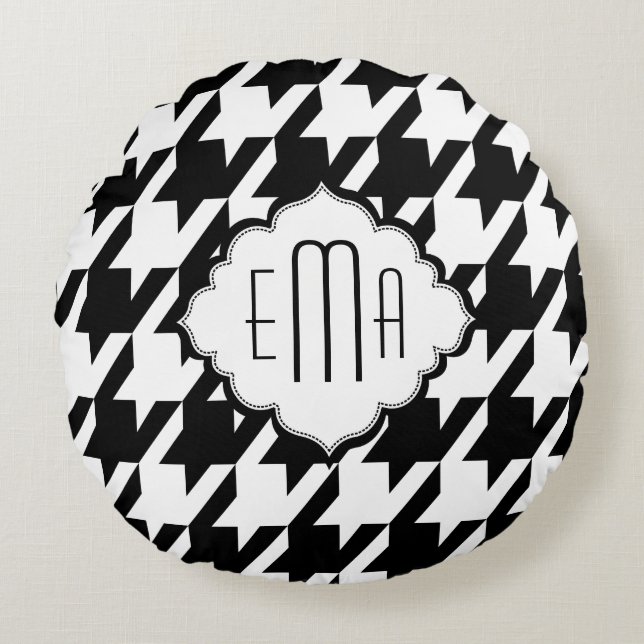 Monogramed Black And White Houndstooth Round Cushion (Front)