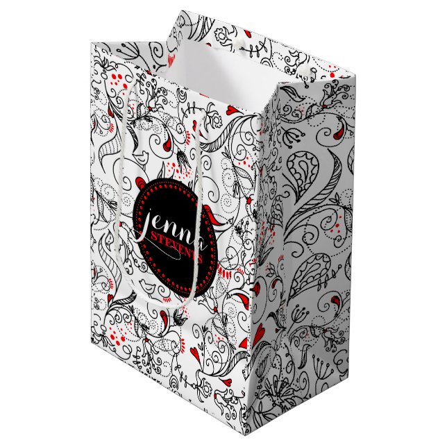 Monogramed Black And White Retro Flowers Medium Gift Bag (Front Angled)