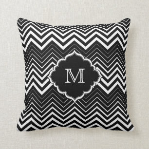 Monogramed Black And White Zigzag Chevron Cushion