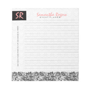 Monogramed Black Floral Lace & White Damasks Notepad