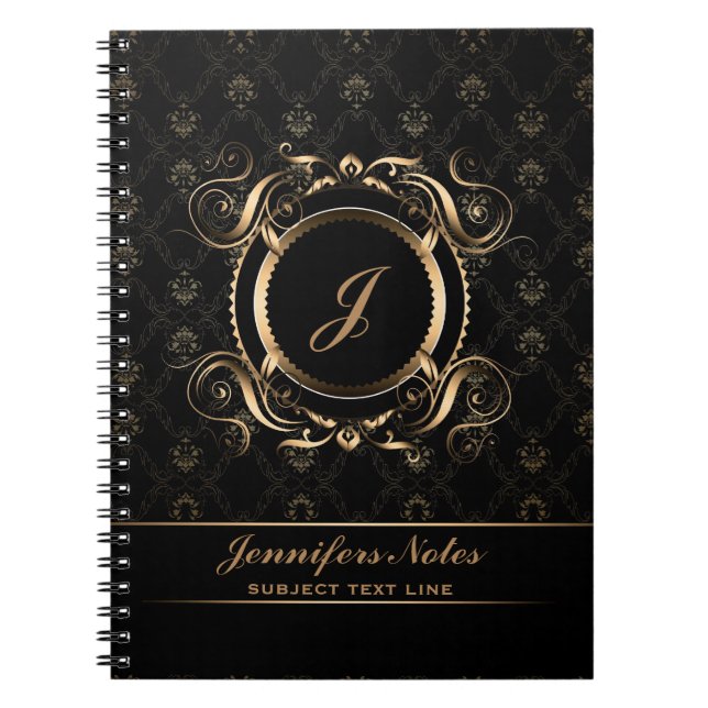 Monogramed Black & Gold Floral Circle Frame Notebook (Front)
