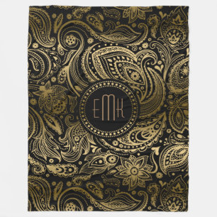 Monogramed Black Gold Paisley Pattern Fleece Blanket