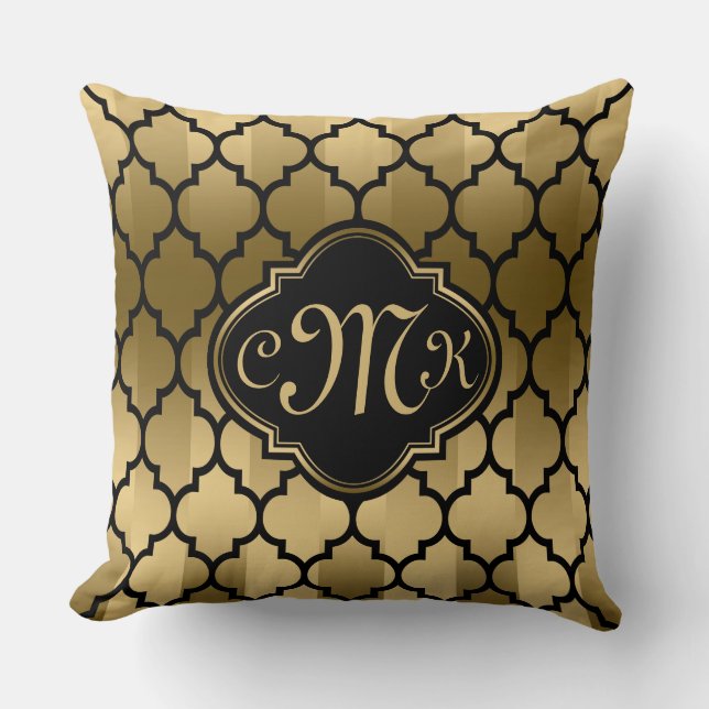 Monogramed Black & Gold Stripes & Quatrefoil Cushion (Front)