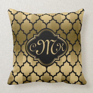 Monogramed Black & Gold Stripes & Quatrefoil Cushion
