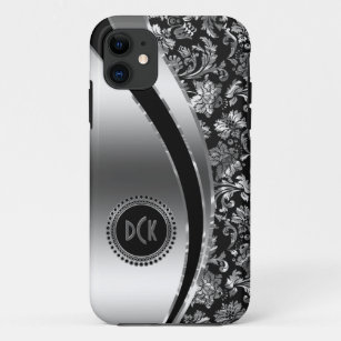 Monogramed Black & Metallic Silver Damasks Case-Mate iPhone Case