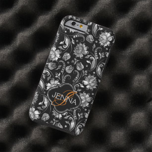 Monogramed Black & Metallic Silver Floral Damasks Tough iPhone 6 Case