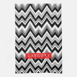 Monogramed Black White And Grey Chevron Pattern Tea Towel