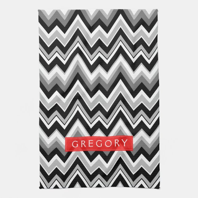 Monogramed Black White And Grey Chevron Pattern Tea Towel (Vertical)