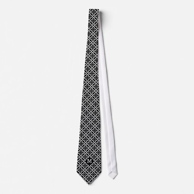 Monogramed Black & White Geometric Pattern Tie (Front)