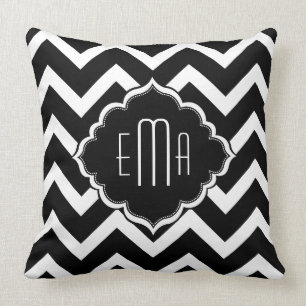 Monogramed Black & White Geometric Zigzag Chevron Cushion