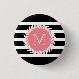 Monogramed Black & White Stripes & White Wreath 3 Cm Round Badge