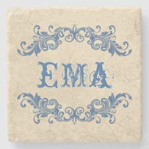 Monogramed Blue & Cream Floral Swirl Pattern Stone Coaster