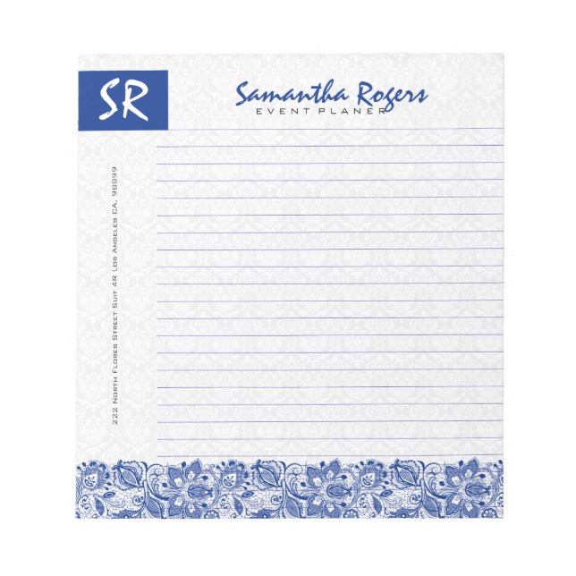Monogramed Blue Floral Lace & White Damasks 2a Notepad (Front)