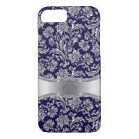 Monogramed Blue & Metallic Silver Floral Damasks