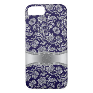Monogramed Blue & Metallic Silver Floral Damasks iPhone 8/7 Case