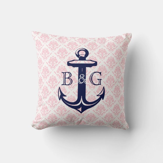 Monogramed Blue Nautical Anchor & Pink Damasks Cushion (Front)