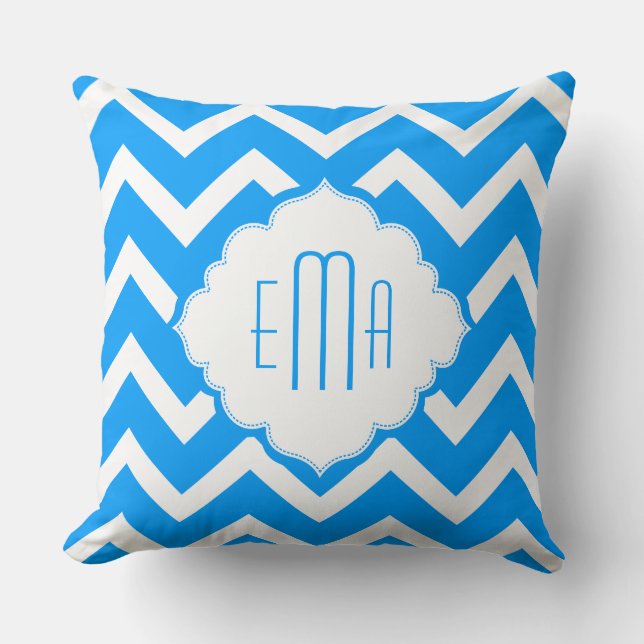 Monogramed Blue & White Geometric Zigzag Chevron Cushion (Front)