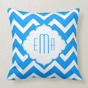 Monogramed Blue & White Geometric Zigzag Chevron Cushion