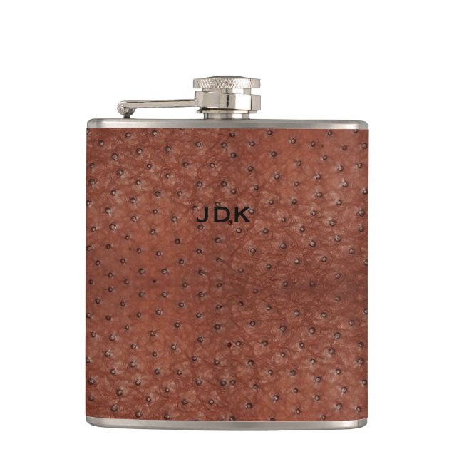 Monogramed Brown Ostrich Leather Look Flask (Front)