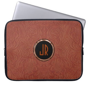 Monogramed Brown Suede Leather Floral Design Laptop Sleeve