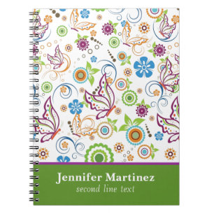 Monogramed Colourful Butterflies & Flowers Pattern Notebook