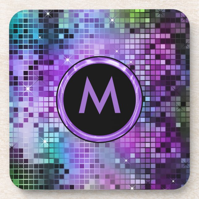 Monogramed Colourful Disco Glitter Purple Overtone Coaster (Front)