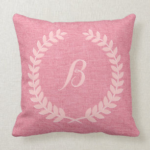 Monogramed Coral Red Linen And Pink Wreath Cushion