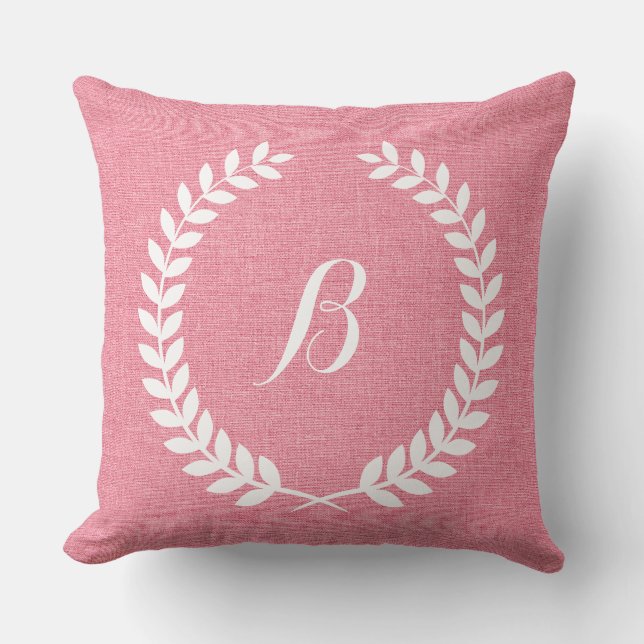 Monogramed Coral Red Linen And White Wreath Cushion (Front)