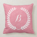 Monogramed Coral Red Linen And White Wreath Cushion<br><div class="desc">Elegant monogramed light coral red tones linen and vintage floral wreath in white. Linen look is an image and not real linen.</div>