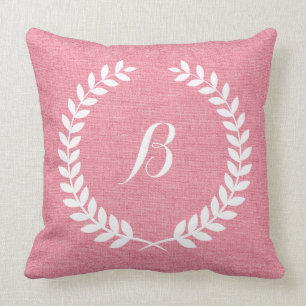 Monogramed Coral Red Linen And White Wreath Cushion