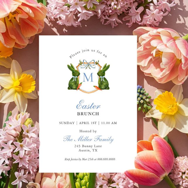 Monogramed Crest Topiary Bunny Easter Brunch  Invitation (Creator Uploaded)