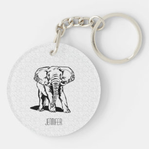 Monogramed Cute Black Elephant Line Drawing Key Ring