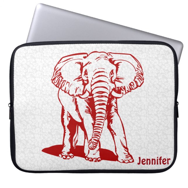 Monogramed Cute Dark Red Elephant Line Drawing Laptop Sleeve (Front)