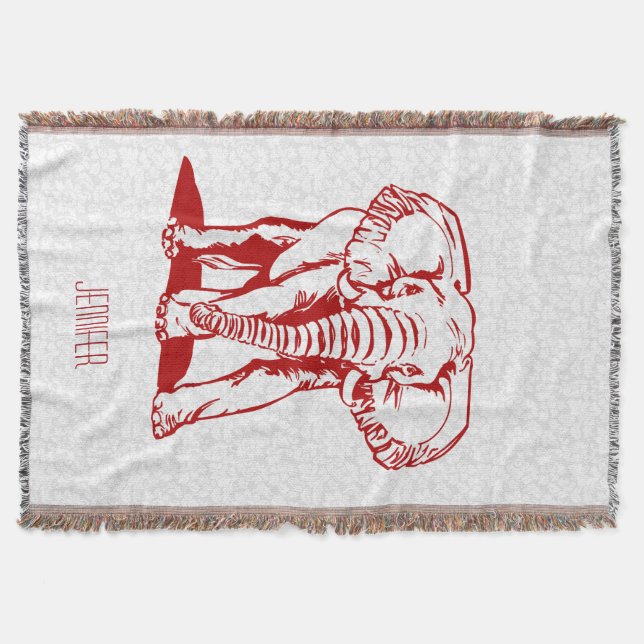 Monogramed Cute Dark Red Elephant Line Drawing Throw Blanket (Front)