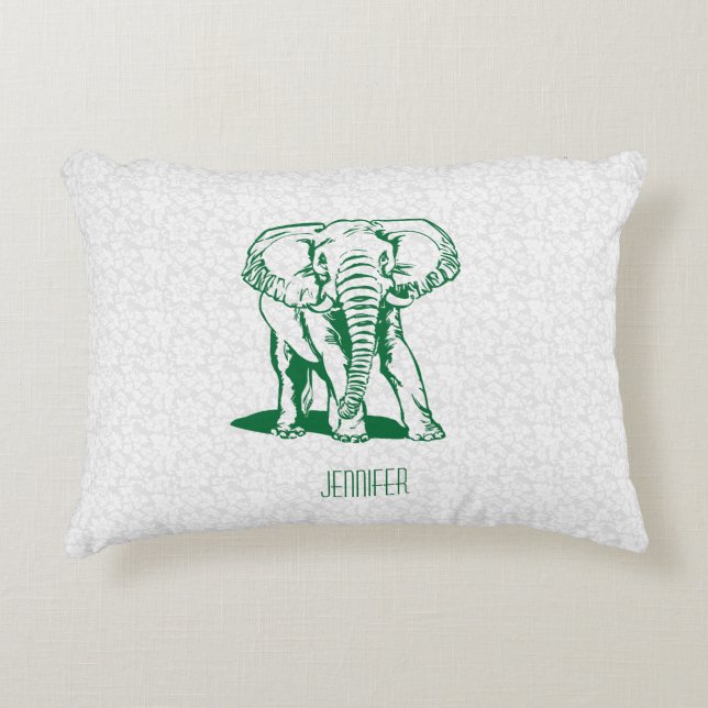 Monogramed Cute Hunter Green Elephant Line Drawing Decorative Cushion (Front)