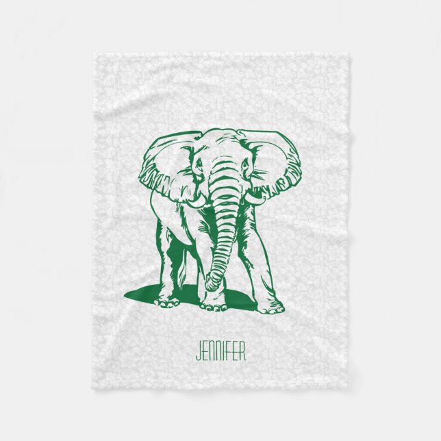 Monogramed Cute Hunter Green Elephant Line Drawing Fleece Blanket (Front)