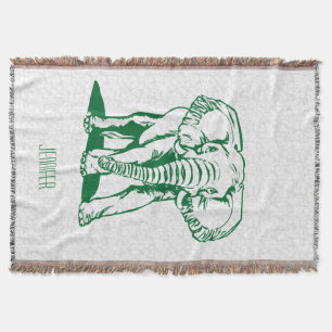 Monogramed Cute Hunter Green Elephant Line Drawing Throw Blanket