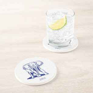 Monogramed Cute Navy Blue Elephant Line Drawing Coaster