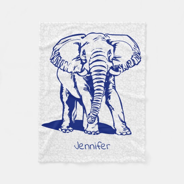 Monogramed Cute Navy Blue Elephant Line Drawing Fleece Blanket (Front)