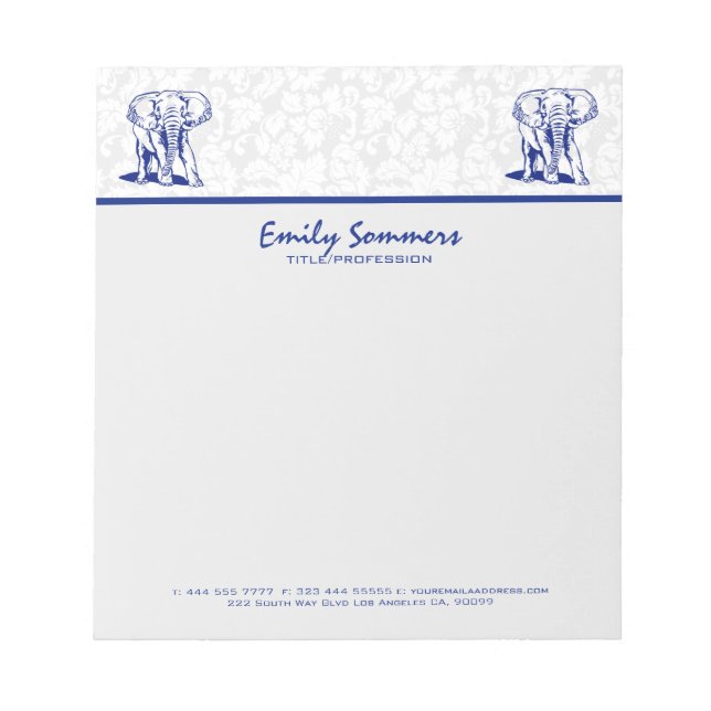 Monogramed Cute Navy Blue Elephant Line Drawing Notepad (Front)