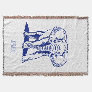 Monogramed Cute Navy Blue Elephant Line Drawing Throw Blanket