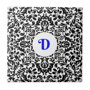 Monogramed D blue, Black and White background Ceramic Tile